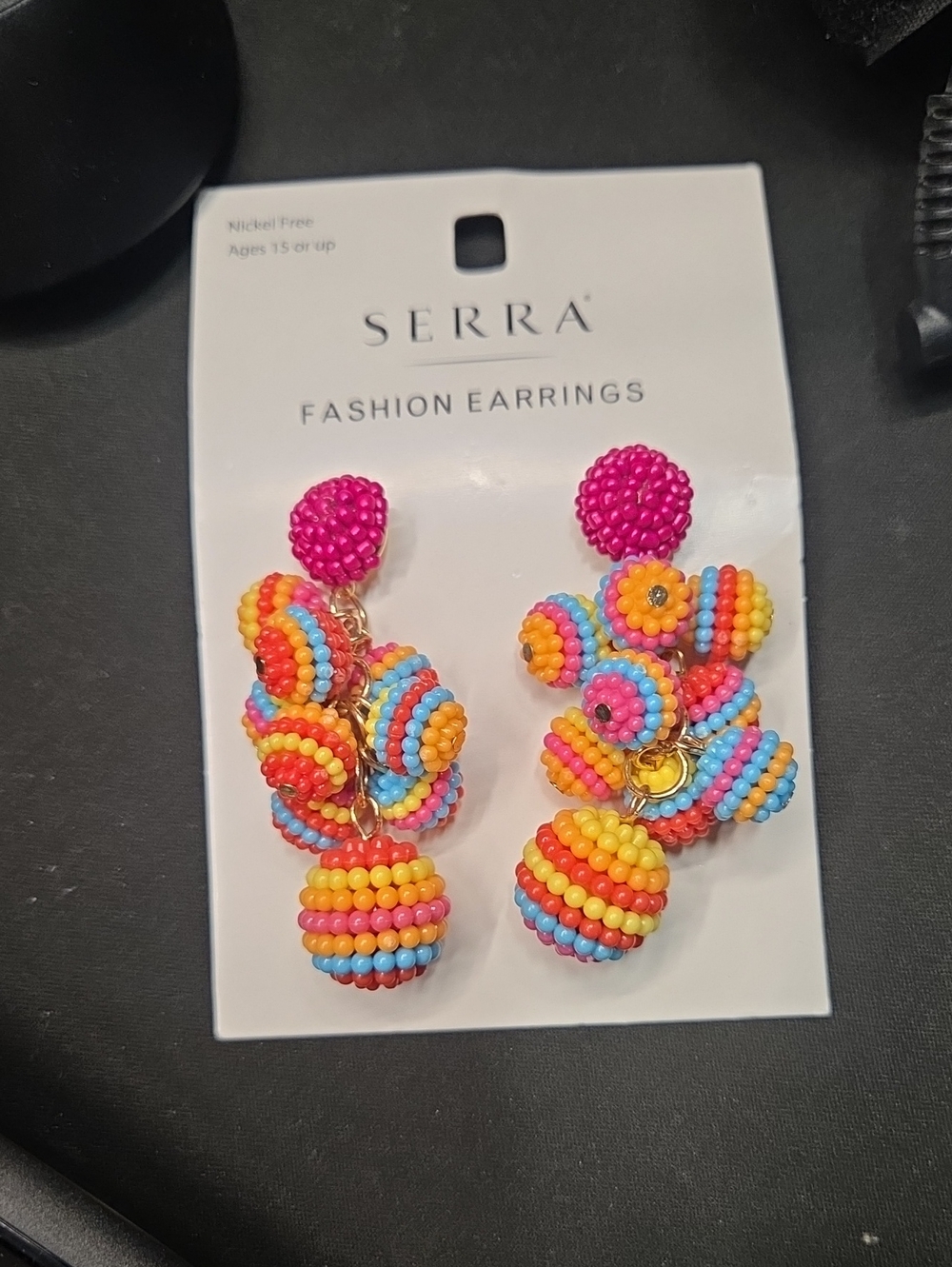 Serra Striped Beaded Cluster Drop Earrings in Pink, Orange, Yellow & Blue